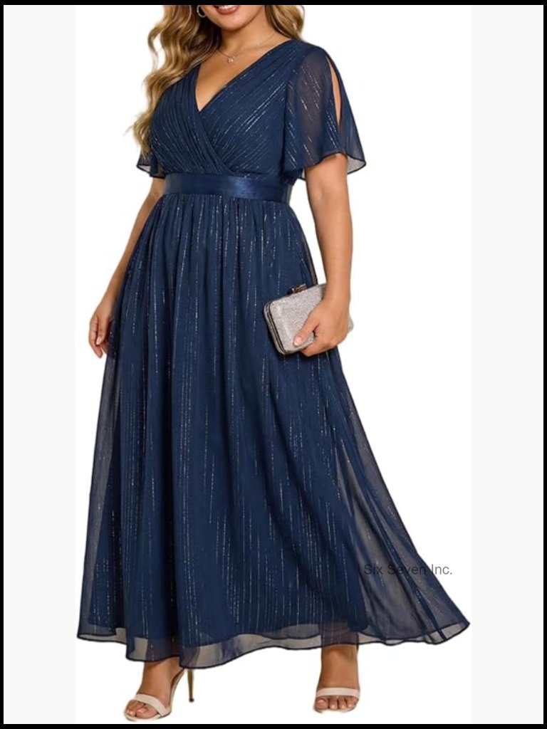 Chiffon V-Neck Floor Length A-Line Formal Dress With Split Flutter Sleeves
